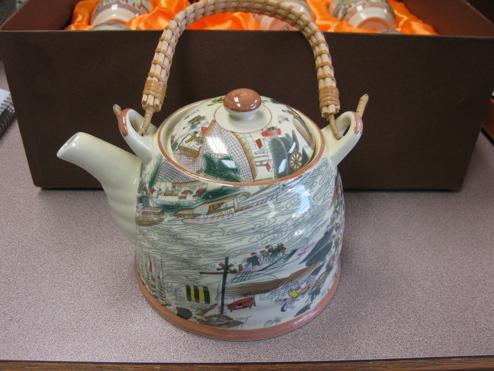 Vintage Chinese Miniature Scenic Porcelain Tea Set in ORANGE Silk Decorative Box