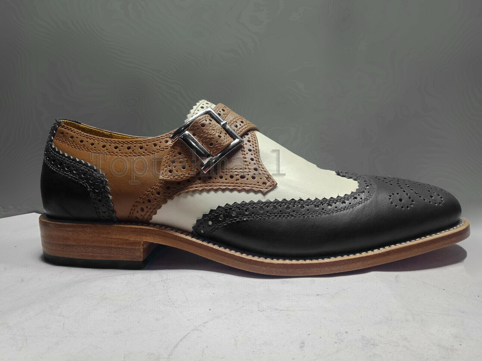 Pre-owned Handmade Men's Leather Premium Multi Color Single Buckle Strap Monk Shoes-210 In Multicolor