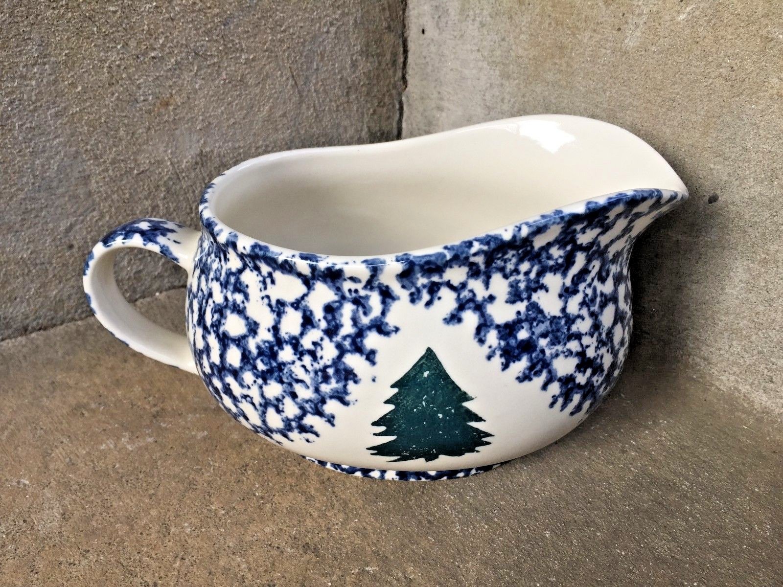 Folk Craft Cabin in the Snow Tienshan Christmas Holiday Gravy Boat Blue Speckle