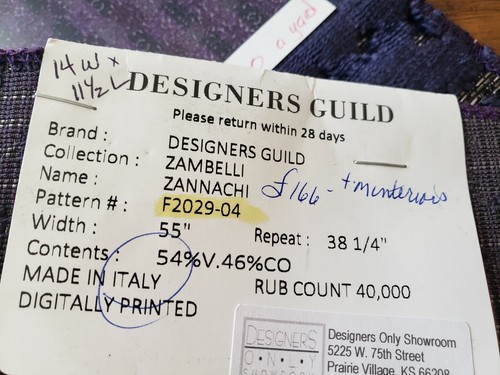 DESIGNERS GUILD Fabric Remnant - ZANNACHI - Raised Cut Velvet - ITALY 14x11 $400
