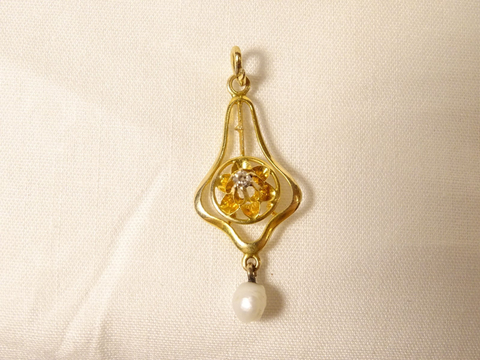 Antique Art Deco Old European Cut Diamond 10 K Gold Pearl Lavalier Pendant