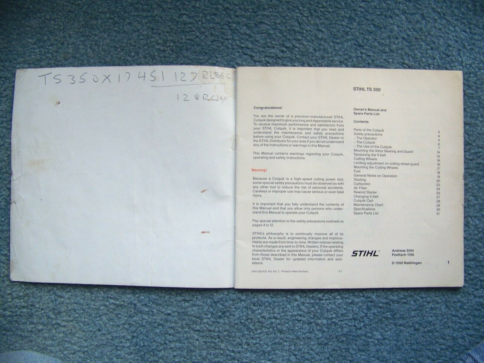 STIHL TS 350  OWNER'S  INSTRUCTION  MANUAL  &  SPARE  PARTS  LIST