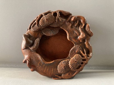 Chinese Old Bamboo Root Hand-carved Pine Tree & Squirrel Brush Washer 20324