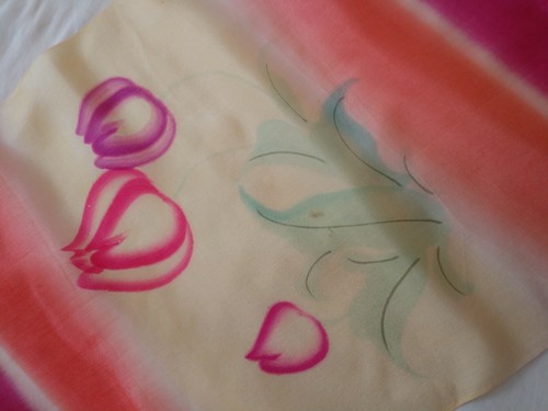 Vintage Japanese Obi Kimono Silk Fabric Uncut Fine Thin Hand Painted Tulip 20 yd