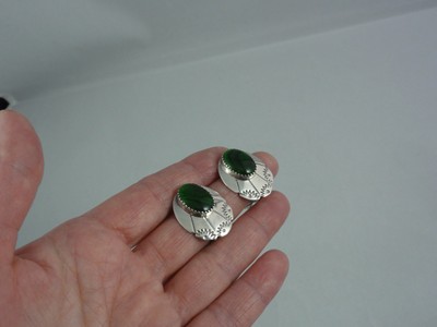Estate Signed KF Sterling Silver Tooled Green Paua Shell Clip Earrings Abalone