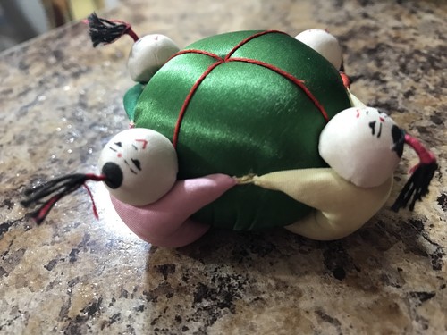 Vintage Chinese Silk, Green Pin Cushion, Round, 4 people, made in China
