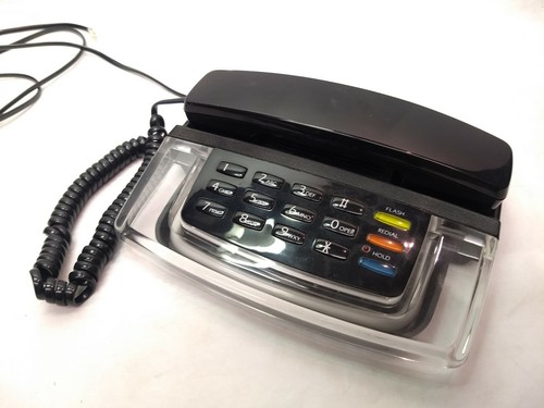 Vintage 1980's 1990's Black & Clear Krystalite *Blue Neon* Light Up Phone -EUC