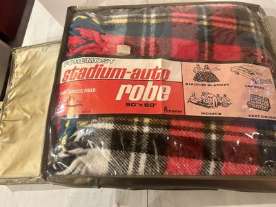 Stadium-Auto 50x60  Blanket W/ Travel Bag VTG JCPenney NIB Plaid Red Blue White