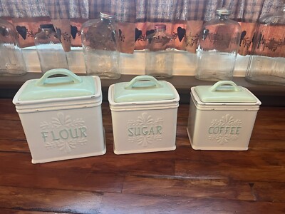 Vintage Cracker Barrel Grandmas Pantry Flour, Sugar, Coffee Canister Set NICE