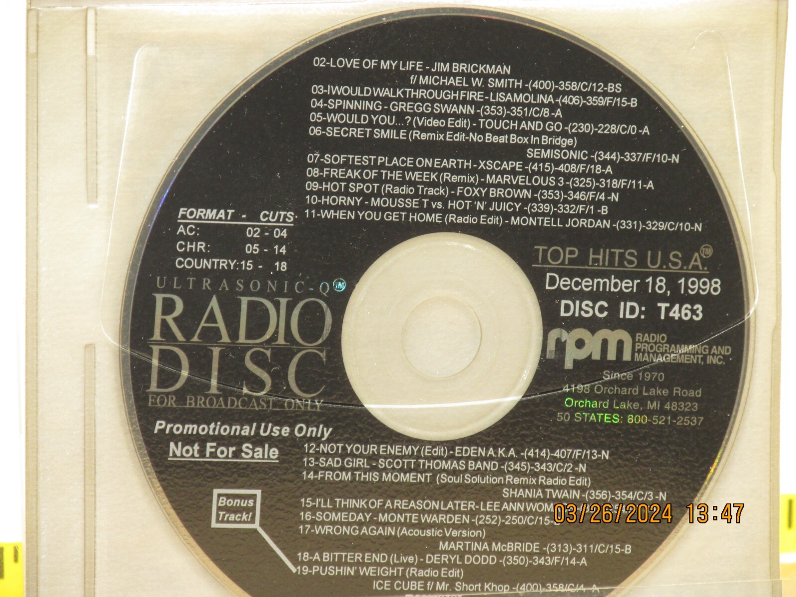 This listing is for the CD Top Hits USA Radio Promo CD T463