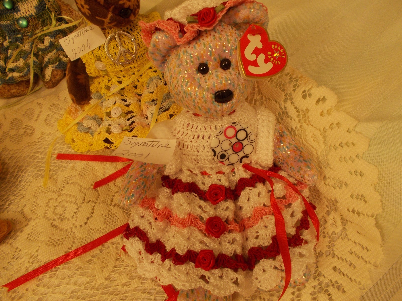 TY SIGNATURE  BEAR (9) WITH CROCHET DRESS SET MADE BY SELLER. NEW COTTON THREAD.