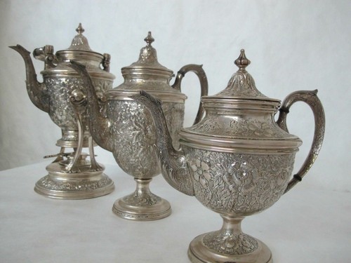 MANCHESTER STERLING COFFEE/TEA SET, REPOUSSE “SOUTHERN ROSE” PATTERN. 3 PIECES