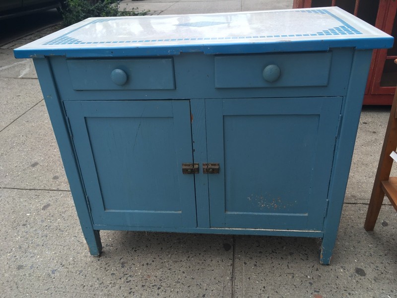 Vintage Antique Hoosier Retro Painted Blue Enamel Top 50s Kitchen