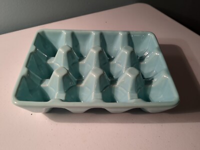 Egg Holder Ceramic Carton Crate for 12 Eggs Country Charm Green Egg Plate