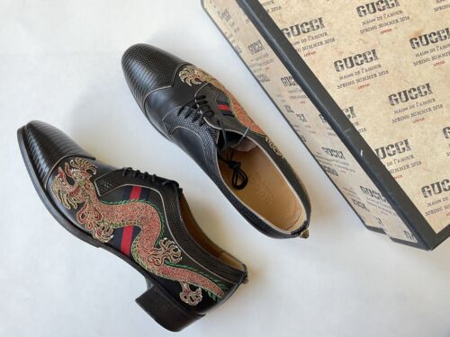 GUCCI Dragon Embroidery Lizard Cap Toe Tiger Head Oxford GUCCI Dragon Embroidery Lizard Cap Toe Tiger Head Oxford
