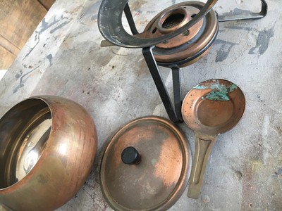 VINTAGE COPPER FONDUE CHAFING WARMING POT SET WITH TRAY/BURNER/STAND