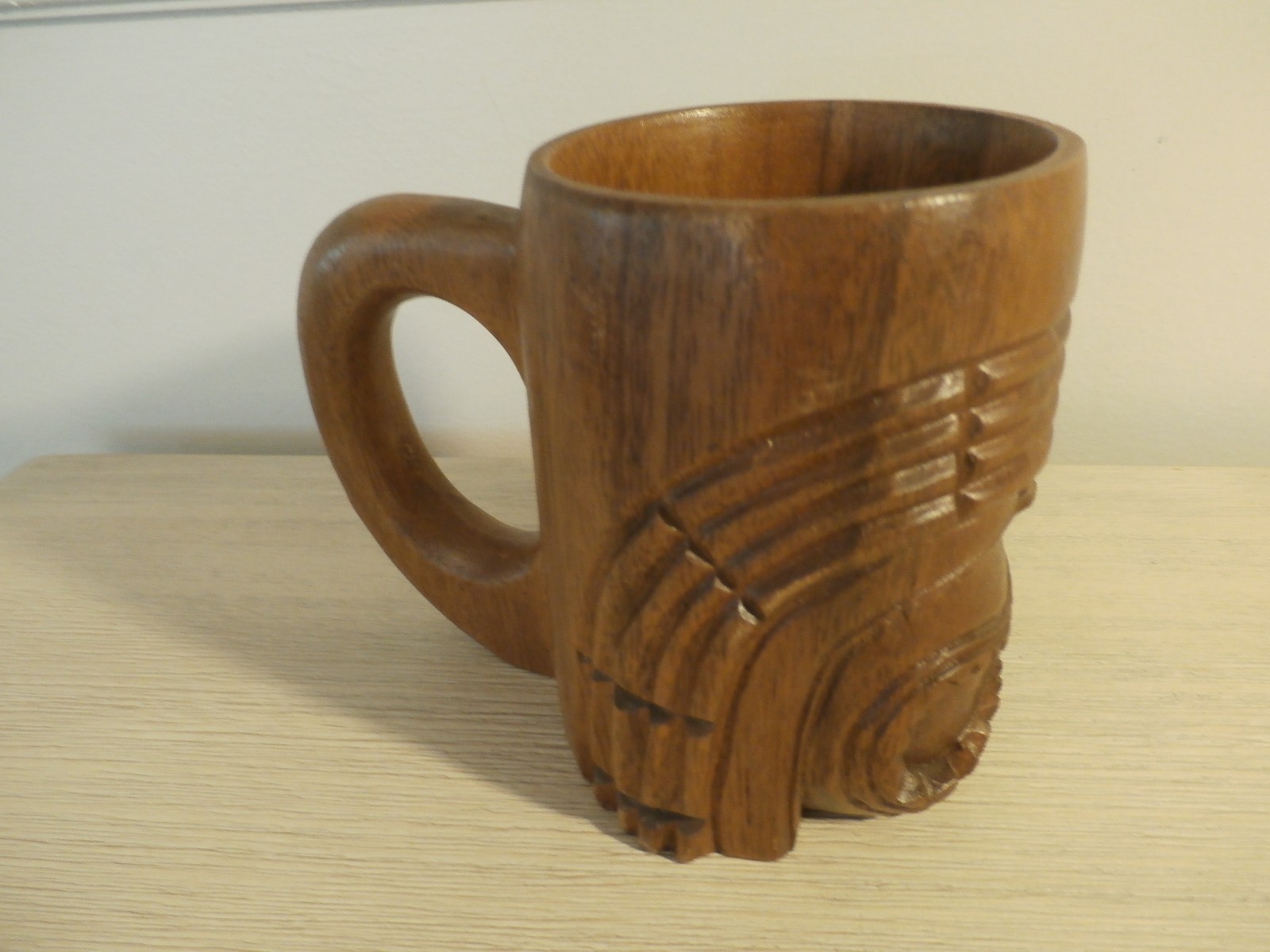 Vintage LARGE WOODEN TIKI MUG~ Wood Carved FACE ~MASK Design