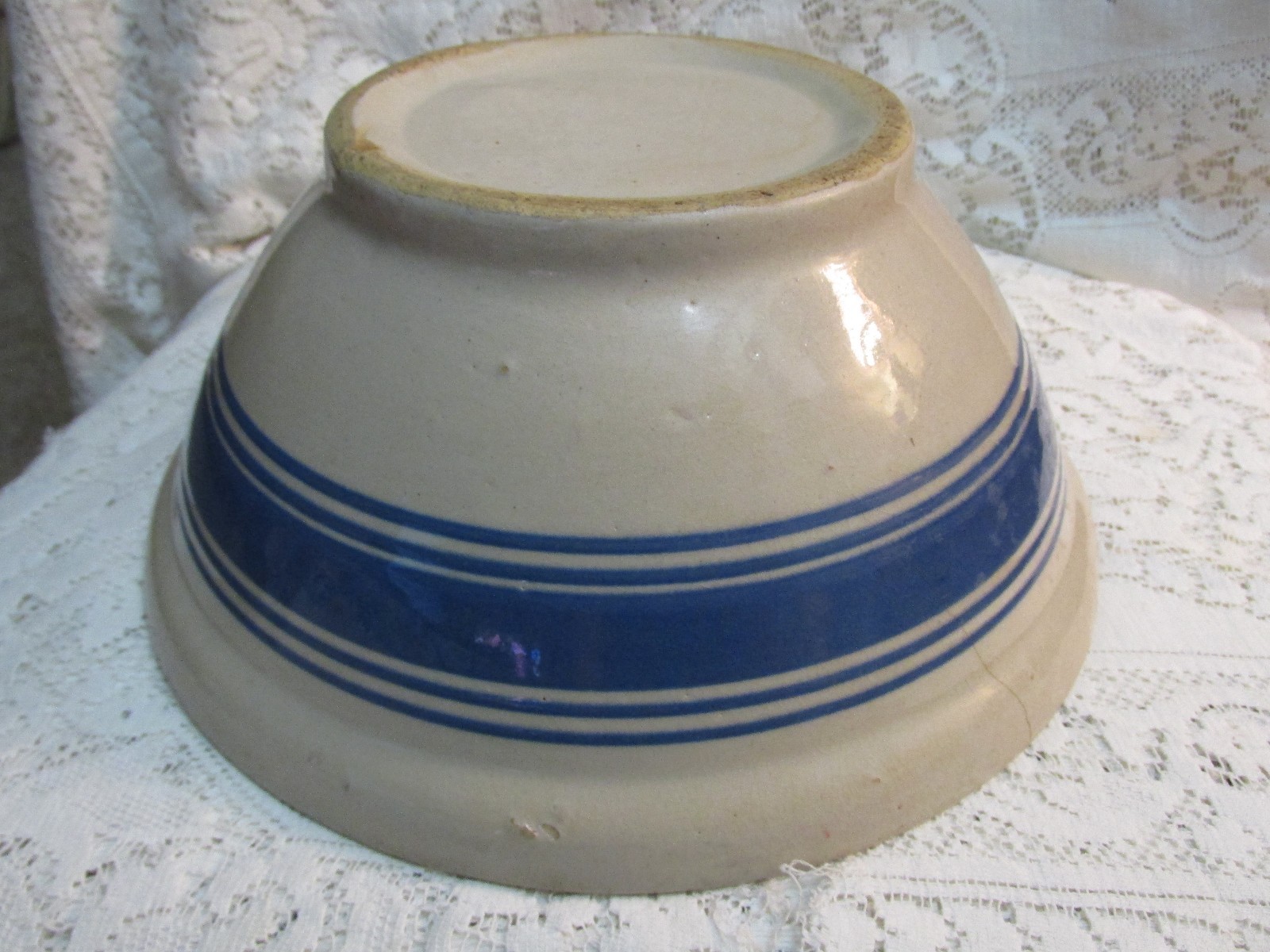 Vintage Blue Stripe Crock Stoneware Mixing Bowl With Damage