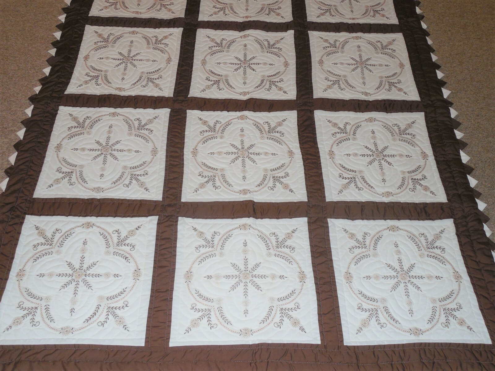 Brown & White Handmade Quilt w/ Detailed Hand Embroidery - Exceptional Nice!