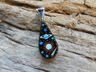 Galaxy Night Sky Space Planets Micro Inlay Gemstone Sterling Silver Pendant AC58