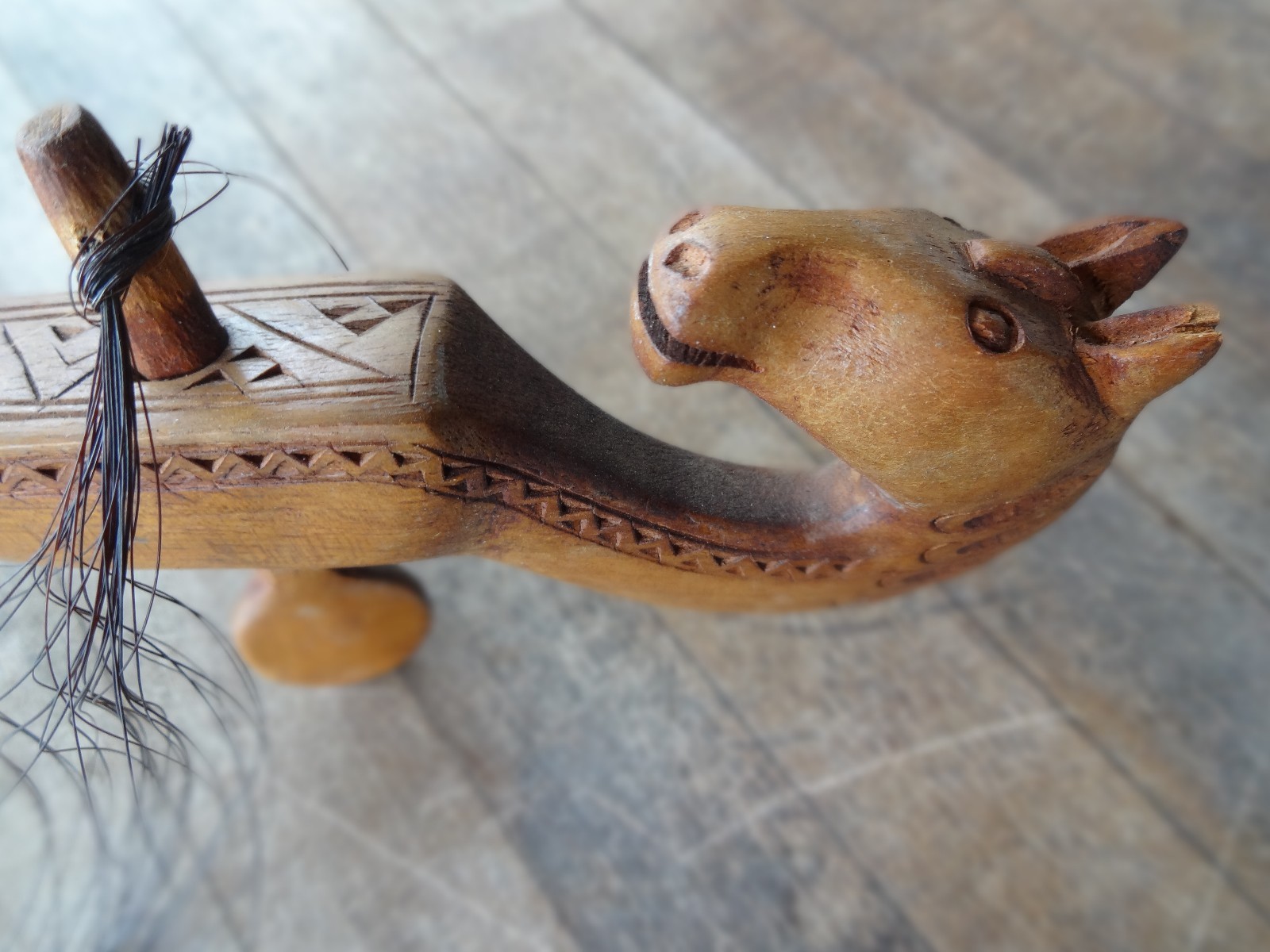 Vintage 1 String Yugoslavian Musical Instrument with Bow/Chip Carved, Horse Head