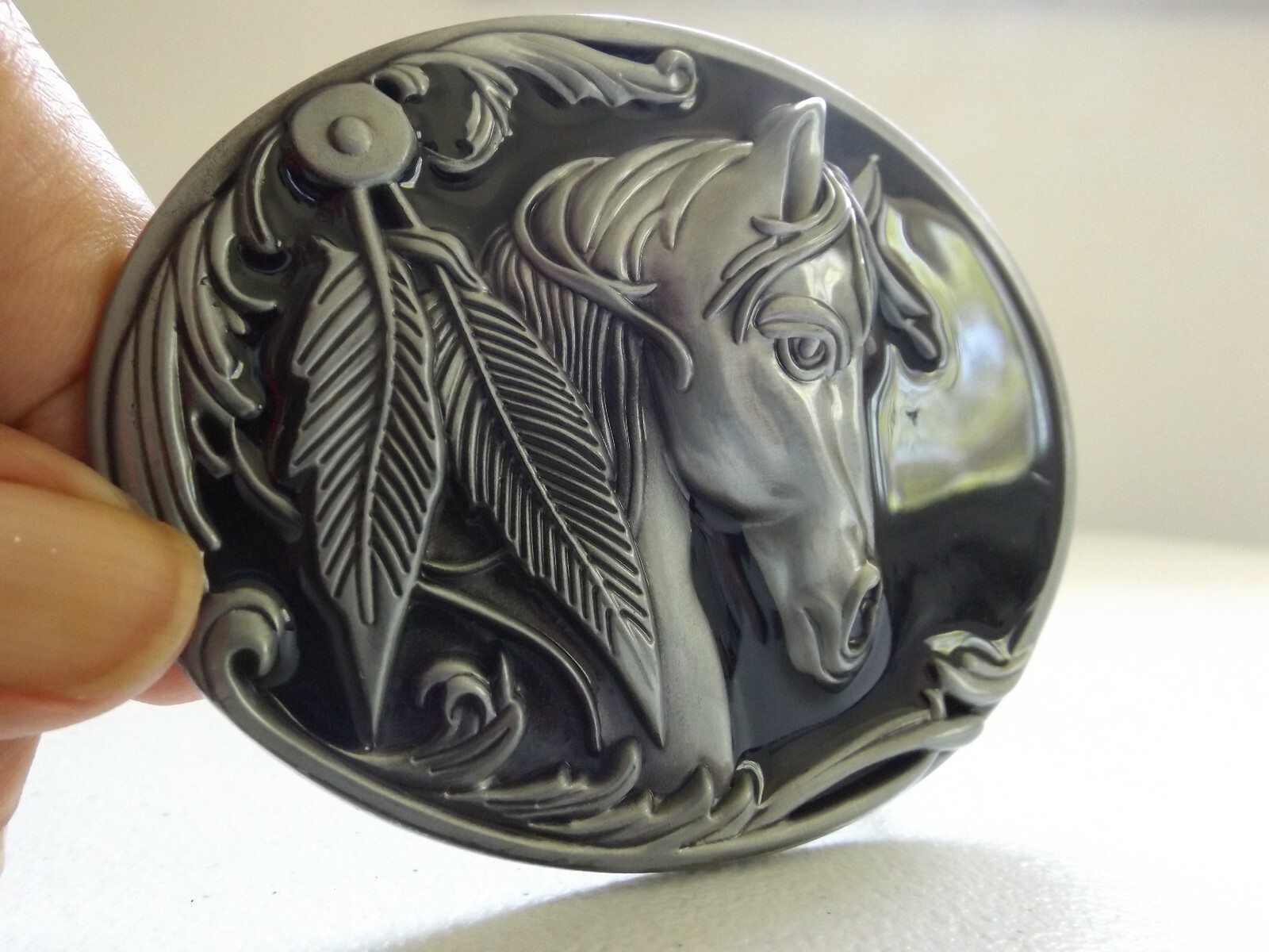 Western Horse Feathers, Black Enamel, Oval Shape, Pewter Tone, Belt Buckle, NEW