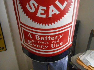 Vintage Red Dry Battery Seal Sign Oval Porcelain 34x14 inches Original Rare!!!