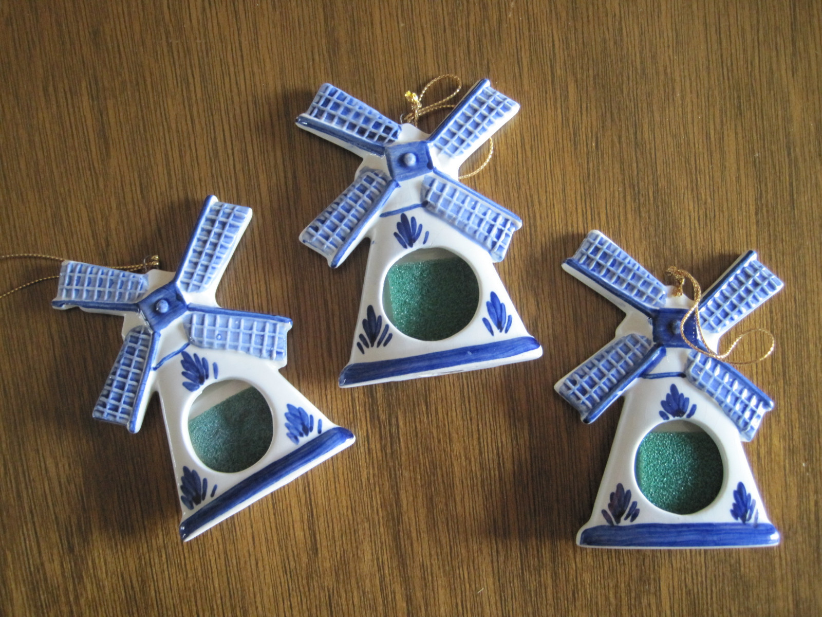 3 Hand Painted Delft Blue Dutch Windmills Hanging Photo Holders 