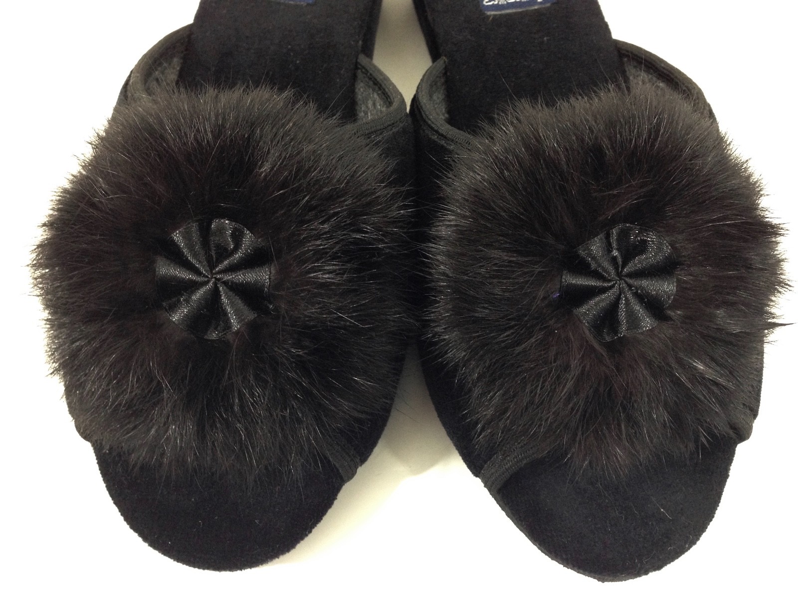 Inblu Women's 6 Classic Velvet Wedge Embellished Fur Slipper Black Slip-On