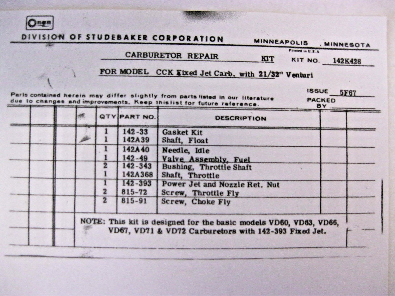 NOS Onan CCK Engine Carbureator Kit