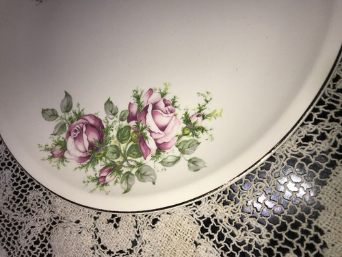 3 Paden City Dinner Plates 9 3/8” Smooth Gold Rim Shabby Chic Pink Roses