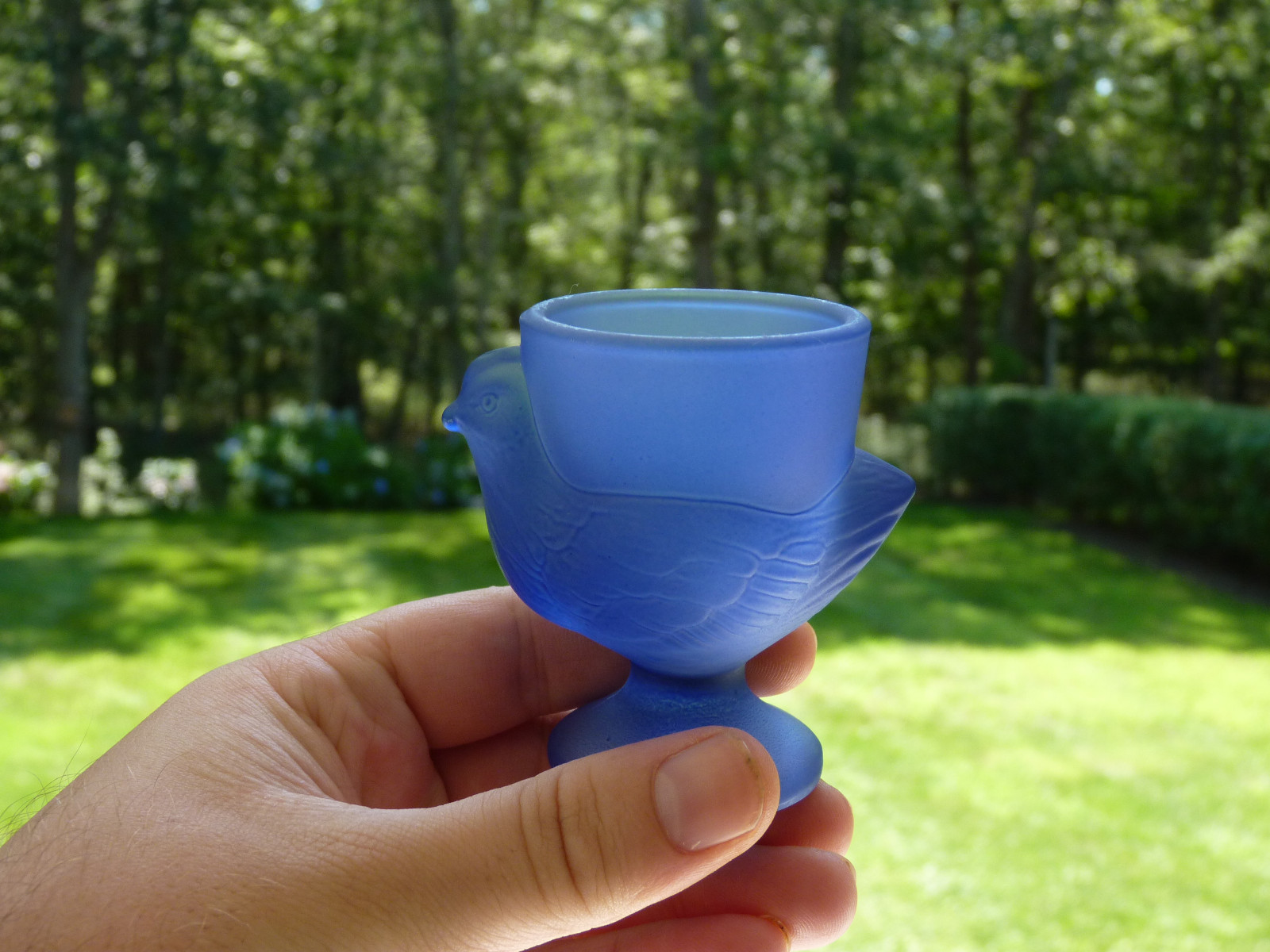 Antique Frosty Cobalt Blue Chicken Shaped Egg Cup Made In France