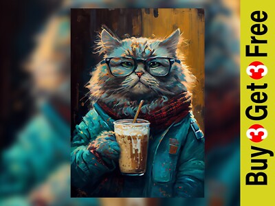 Chic Hipster Cat Coffee Art Print - Trendy Feline Wall Decor 5'' x 7'' Inches