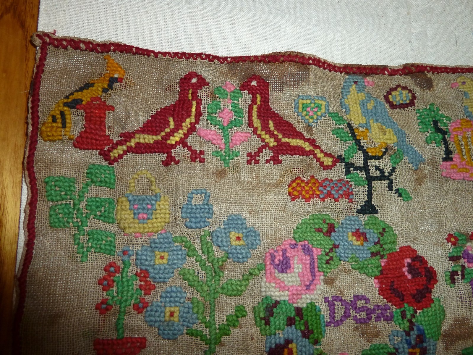 NR-FABULOUS 1899  FOLK ART SAMPLER w/EXUBERANT FLOWERS & BIRDS,  Signed