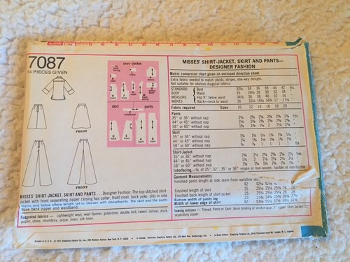 SIMPLICITY SEWING PATTERN #7087, MISSES' SHIRT-JACKET, SKIRT & PANTS SIZE 14 BIN