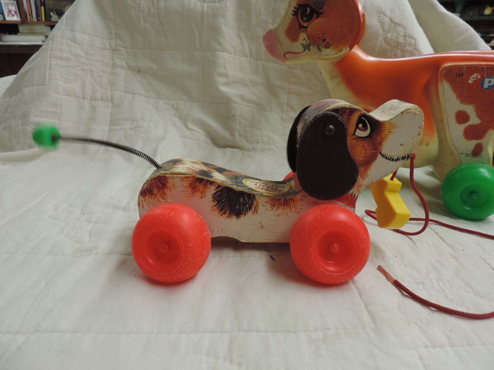 Vintage Lot 4 Fisher Price Wood Pull Toys Seal Dog Cow and Drum Set