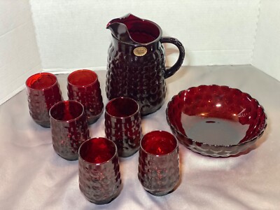 Anchor Hocking Royal Ruby Red Bubble Pitcher 6-Glasses 1-serving Bowl