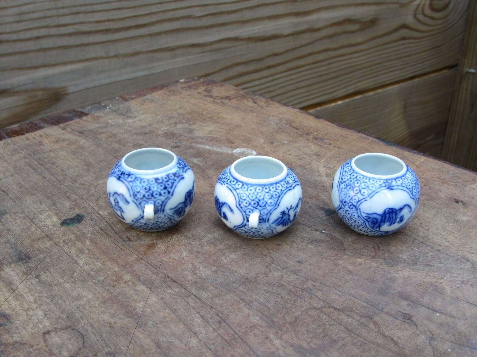Collection, Lot of Three Blue on White VTG Porcelain Bird Feeders.