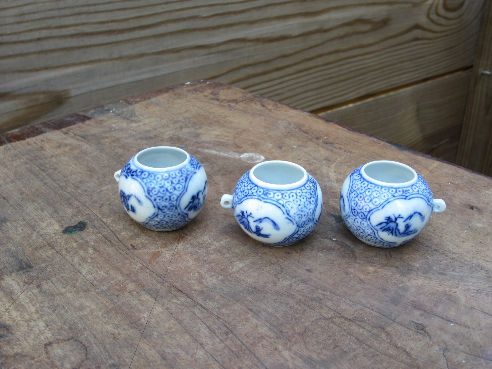Collection, Lot of Three Blue on White VTG Porcelain Bird Feeders.