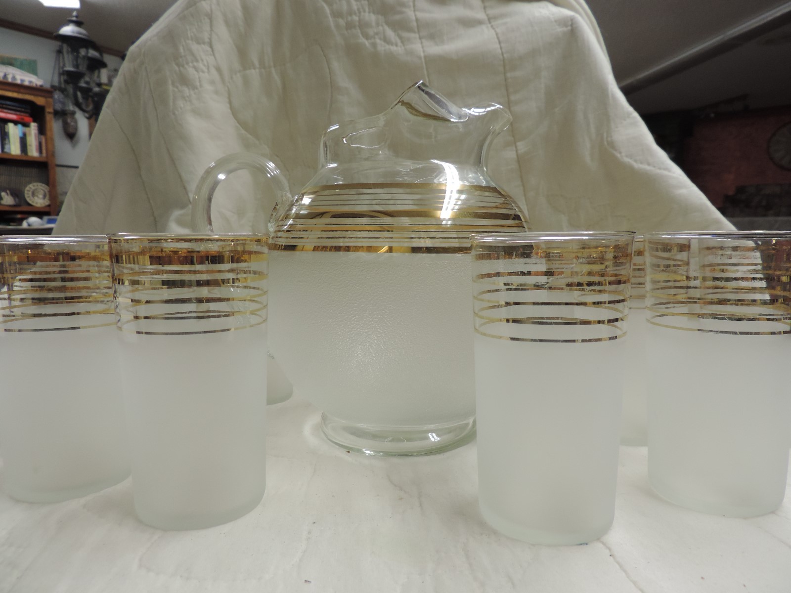 Vintage Frosted Clear Ball Pitcher Gold Accents With 10 Frosted Glasses