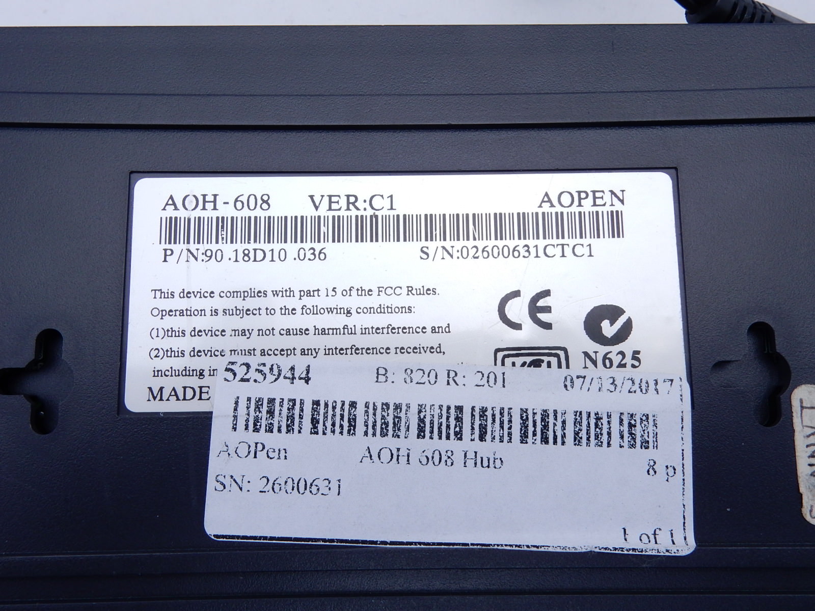 8 Port 10/100 Hub 90.18D10.036 AOpen AOH-608 switch w/Power Supply RJ45 wired