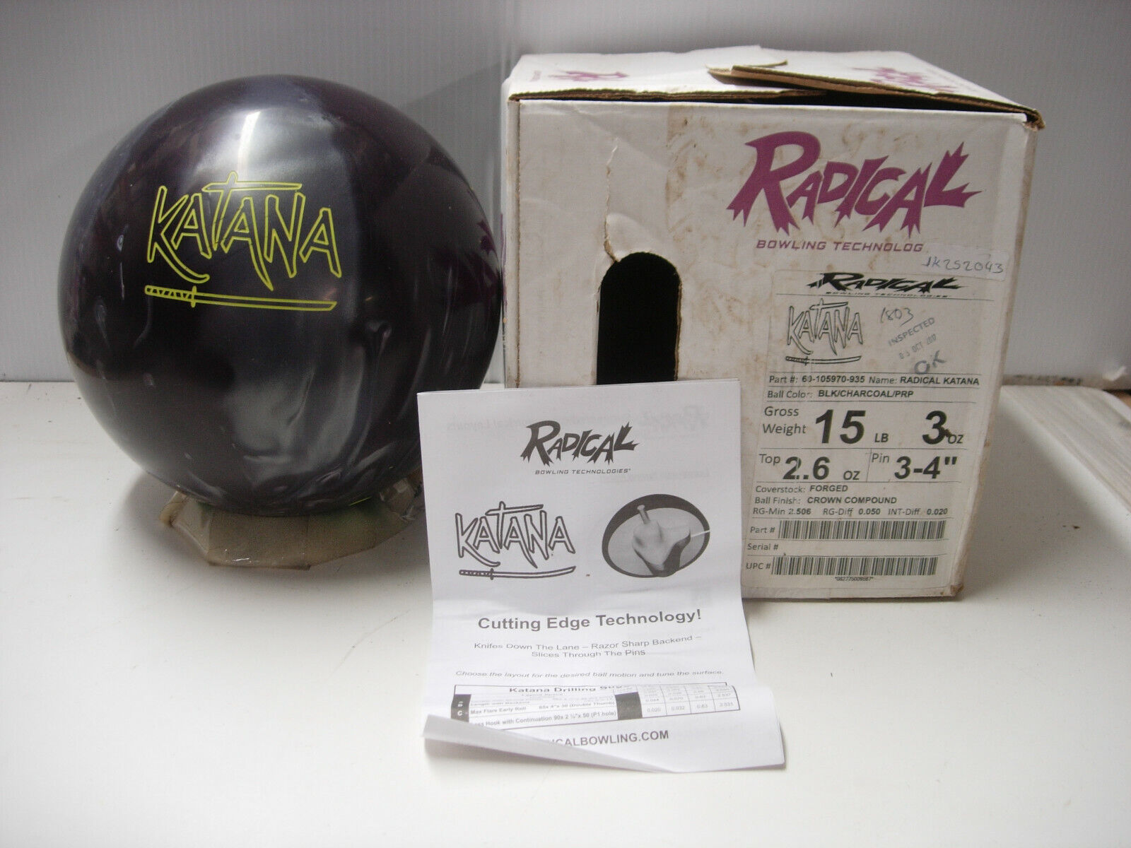 z 15# 3oz TW 2.6 Pin 3-4 NIB Radical KATANA Bowling Ball z 15# 3oz TW 2.6 Pin 3-4 NIB Radical KATANA Bowling Ball