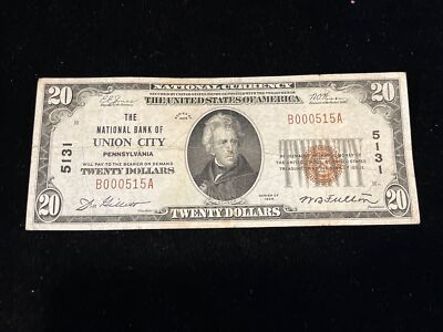 1929 $20 THE NATIONAL BANK OF UNION CITY PA NATIONAL CURRENCY CH # 5131