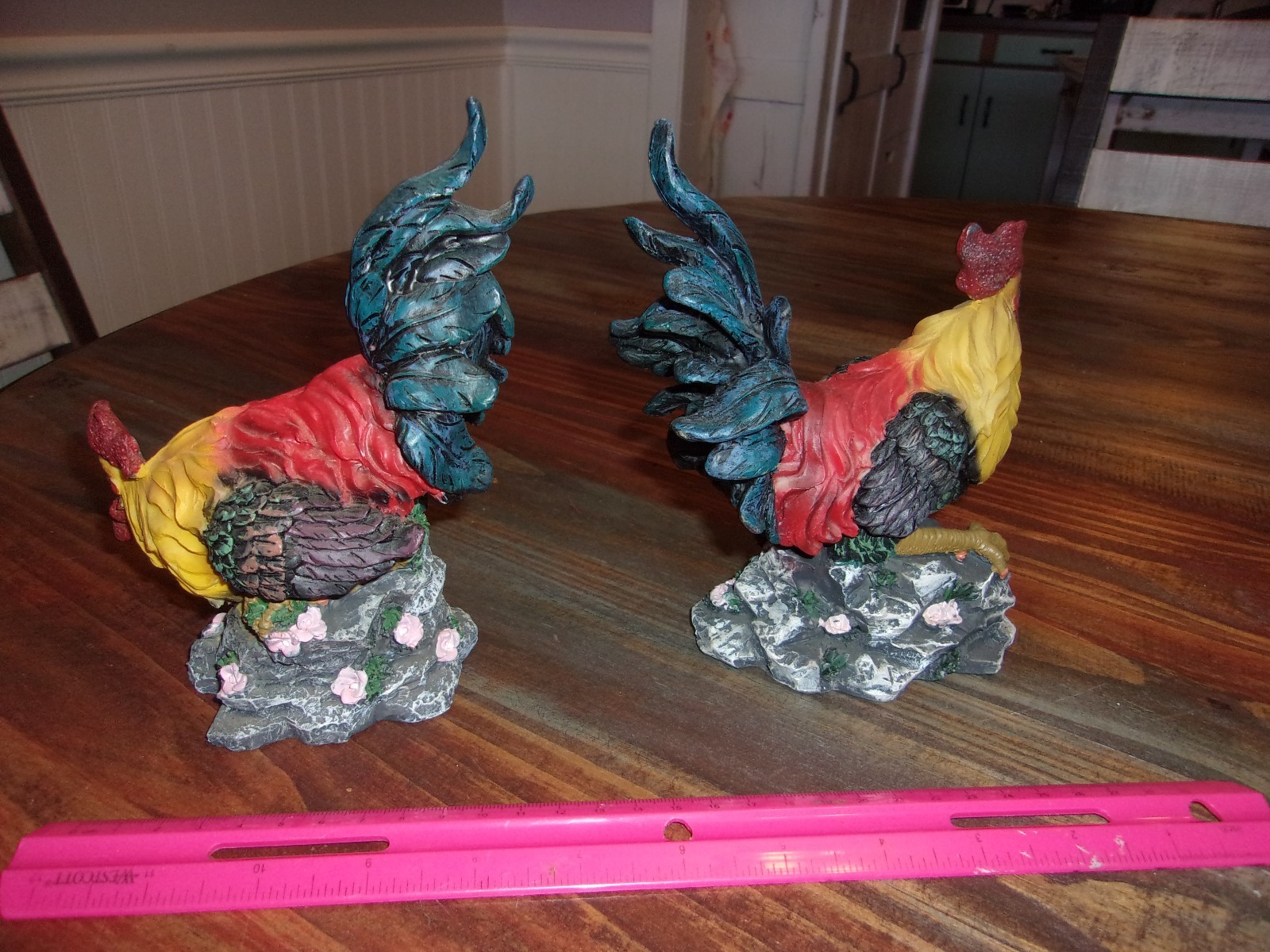 2 Colorful Chicken Figurines Made Of Resin-Very Bright decor
