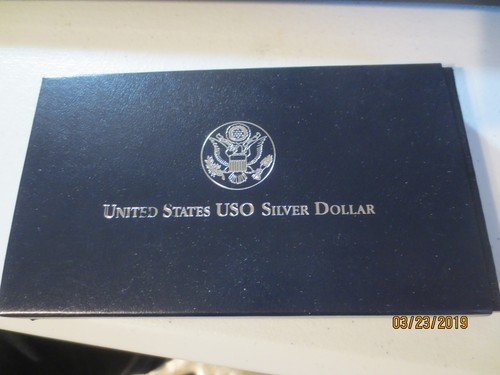1991 USO proof commemorative silver dollar w/ box, case & COA b