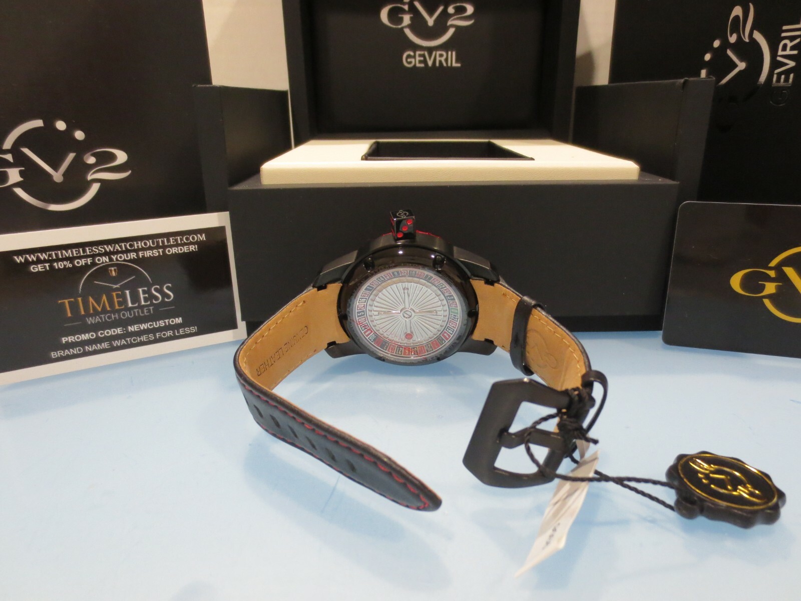 Pre-owned Gv2 By Gevril Men's 9306 Lucky 7 Automatic Red Bezel Subdial Black Leather Watch