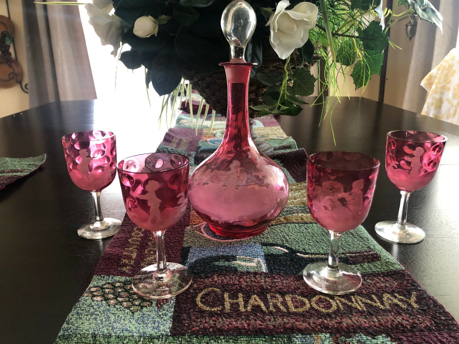 Antique Mary Gregory Liqueur Liquor Decanter Set – 5 Pieces