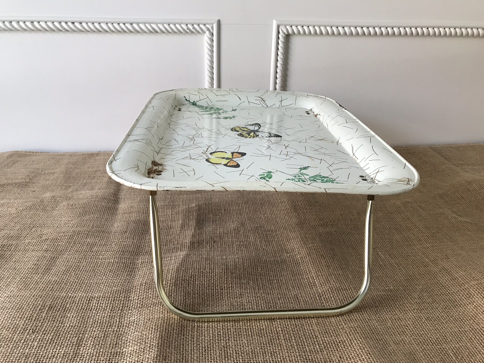 Vintage Metal TV Lap Tray Folding Legs Butterflies Mid Century