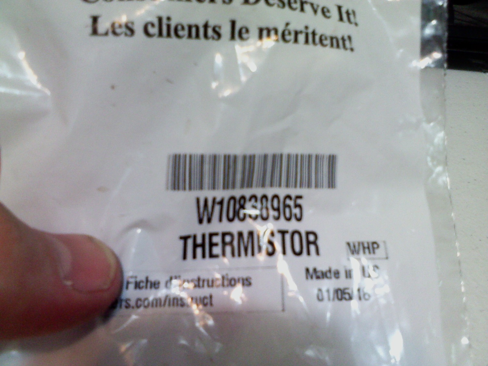 Genuine W10838965 Whirlpool Appliance Thermistor used read
