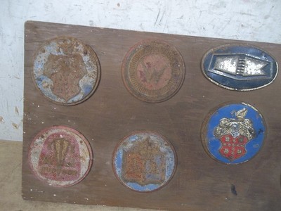 Old Wood Wall Plaque with 10 Old Car Badges from Wheaties Boxes